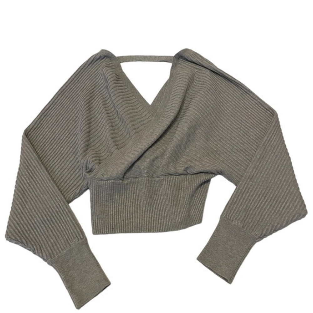 Dreamers by Debut Grey Ribbed Wrap Front Open Back Cropped Sweater Medium